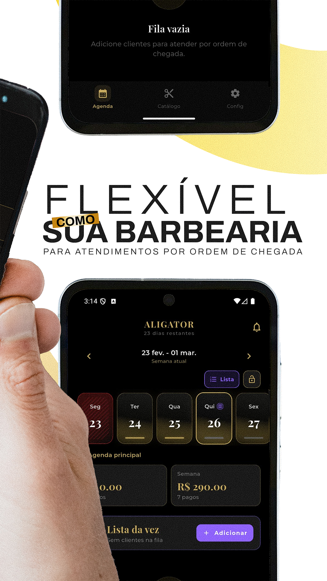 Tela do BarberFlow com fila flexivel para atendimento em ordem de chegada