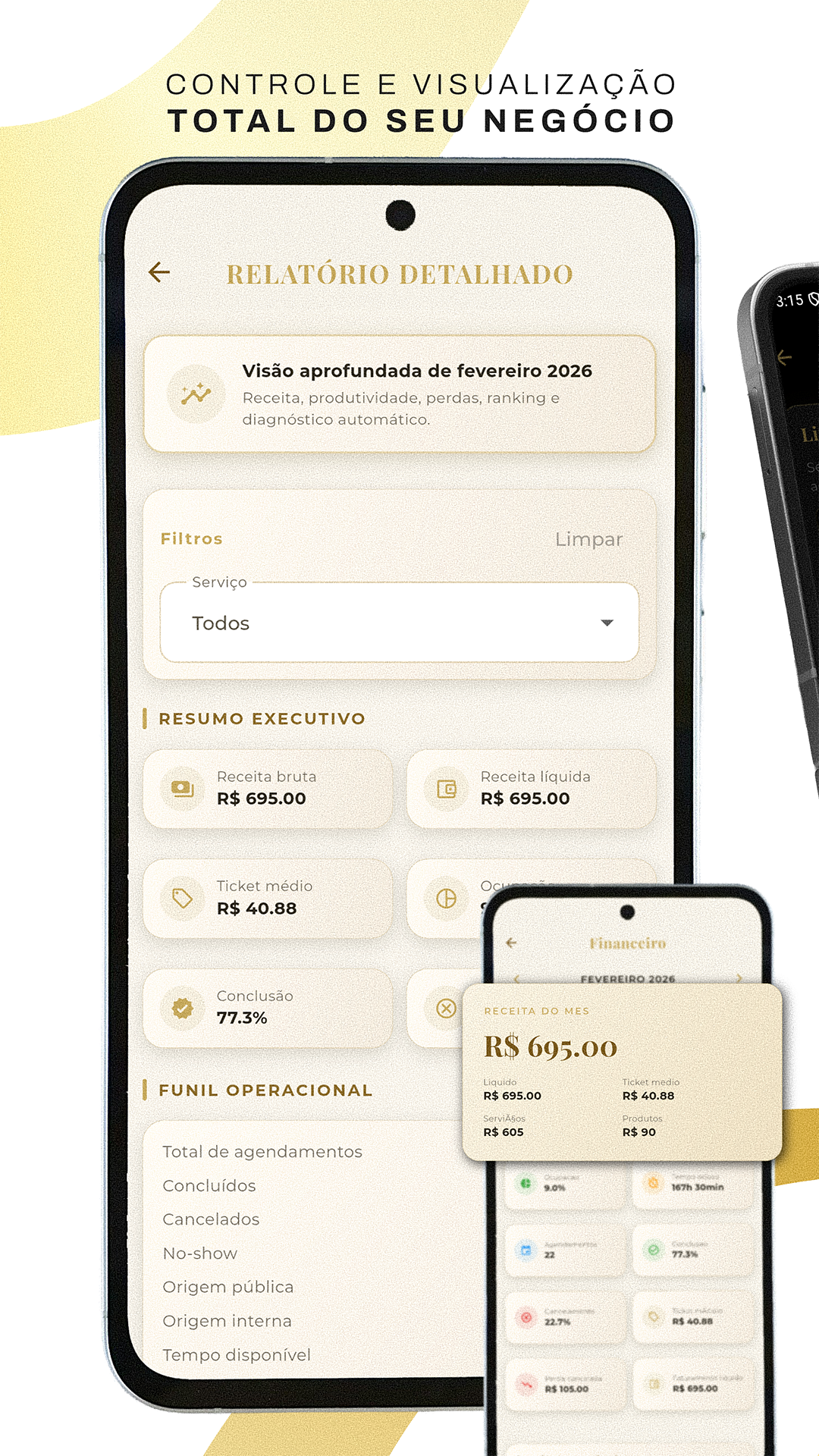 Tela do BarberFlow com relatorio detalhado da operacao